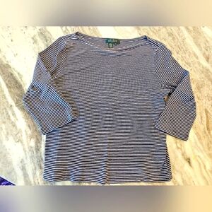 Lauren Ralph Lauren Petite Navy Striped 3/4 Sleeve Cotton Top P/L